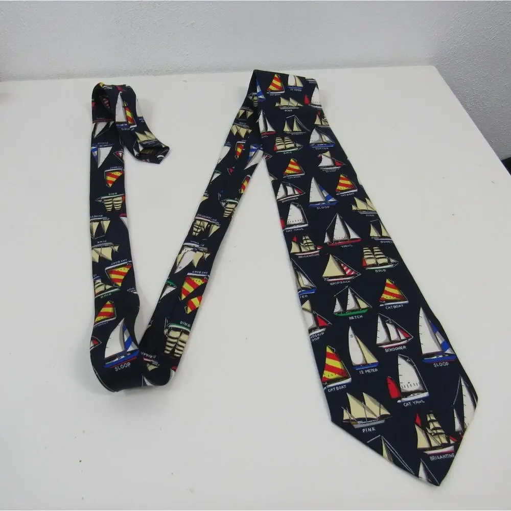 Alynn Neckwear Name that Boat Navy Blue Tie Necktie 100% SIlk Nautical Sea
